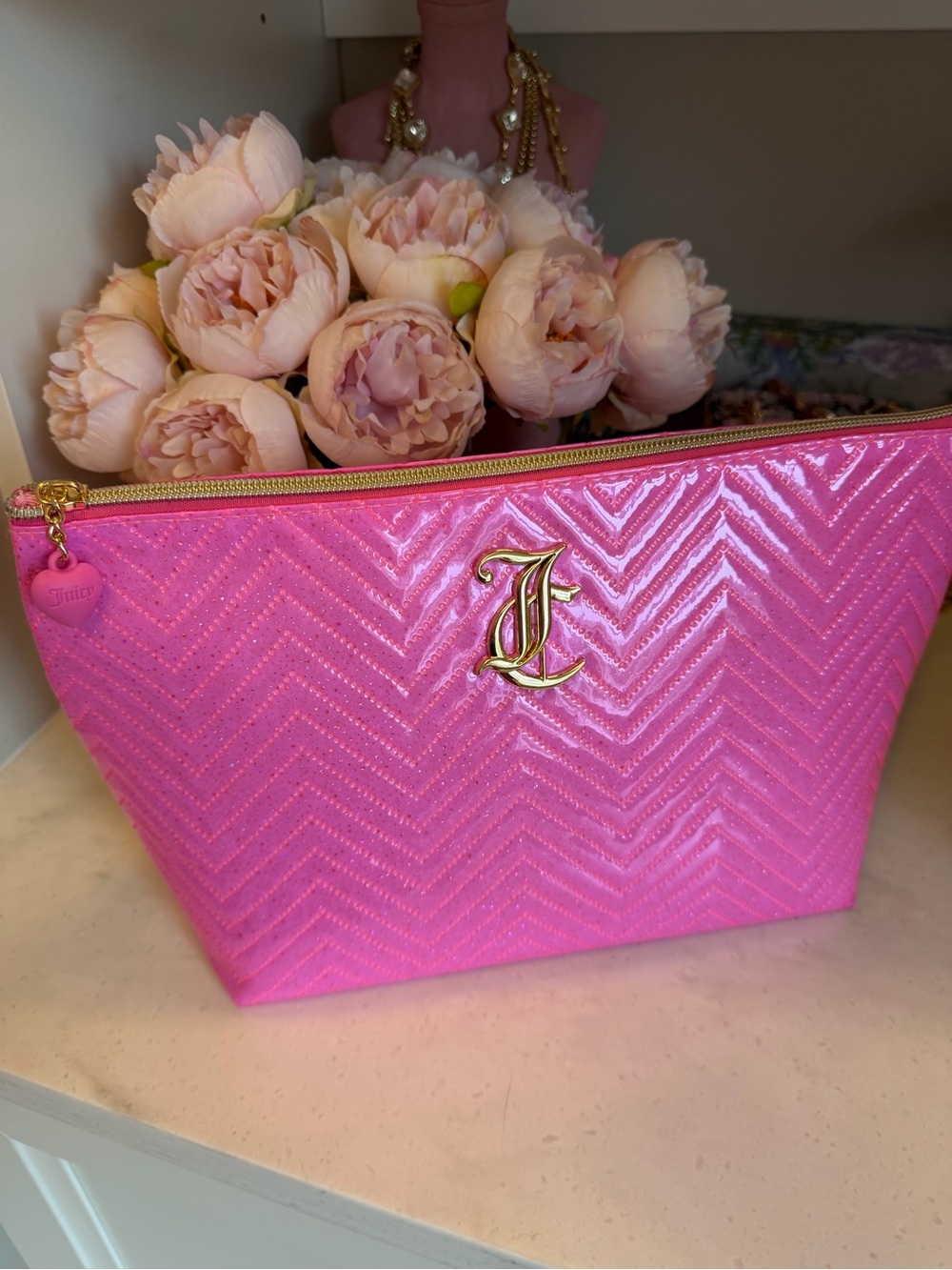Juicy Couture Amazing set of 3 NWT Zipper Cases w Gold Logo Tan Pink Glitter - Picture 11 of 12